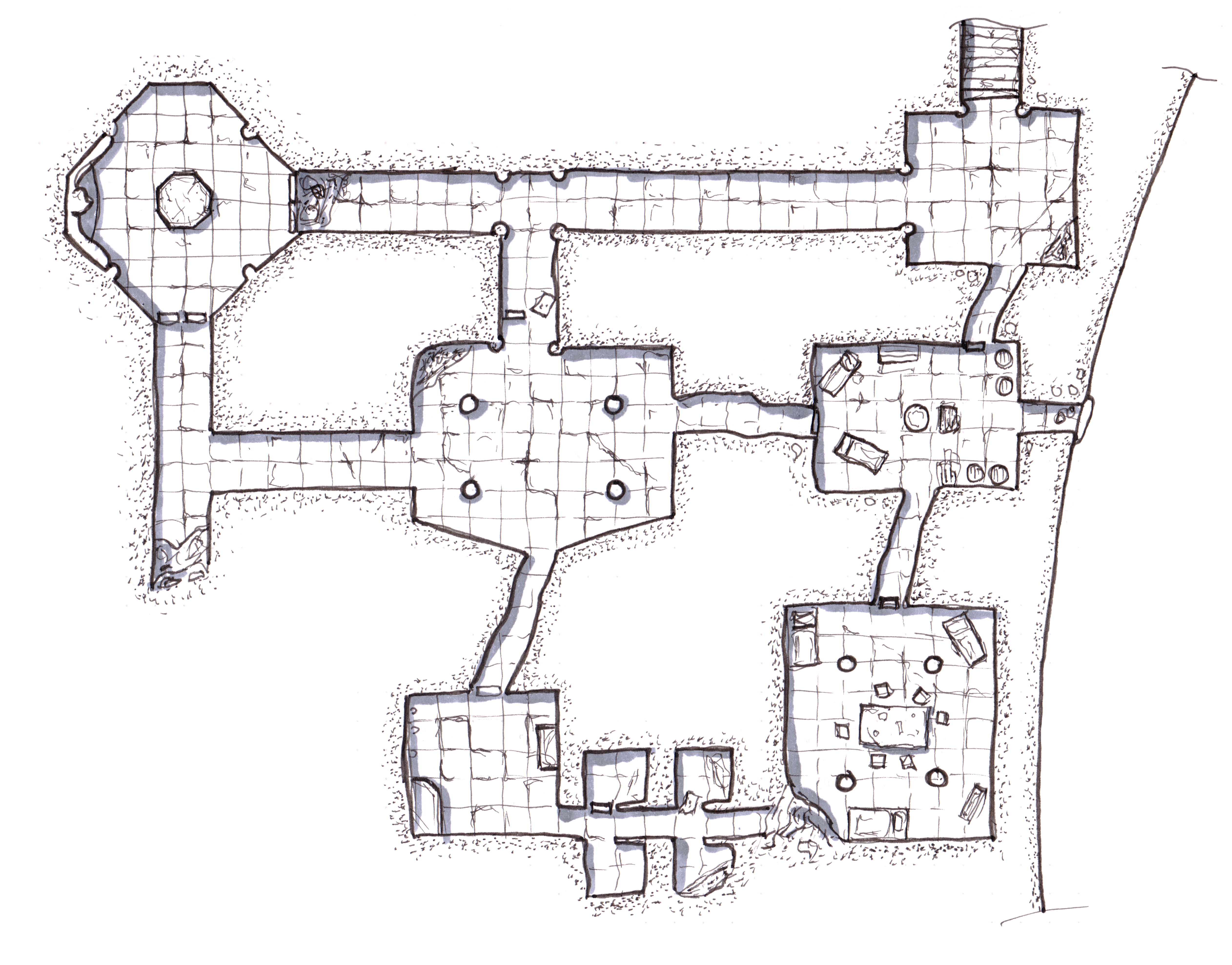 The lower level of the dungeon. Drawn by hand on paper, scanned and cleaned a bit digitally.